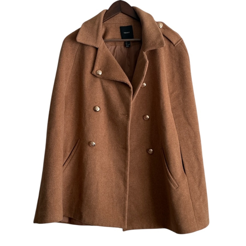 Forever 21 Brown Wool Blend Double Breasted Cape Jacket Sz L